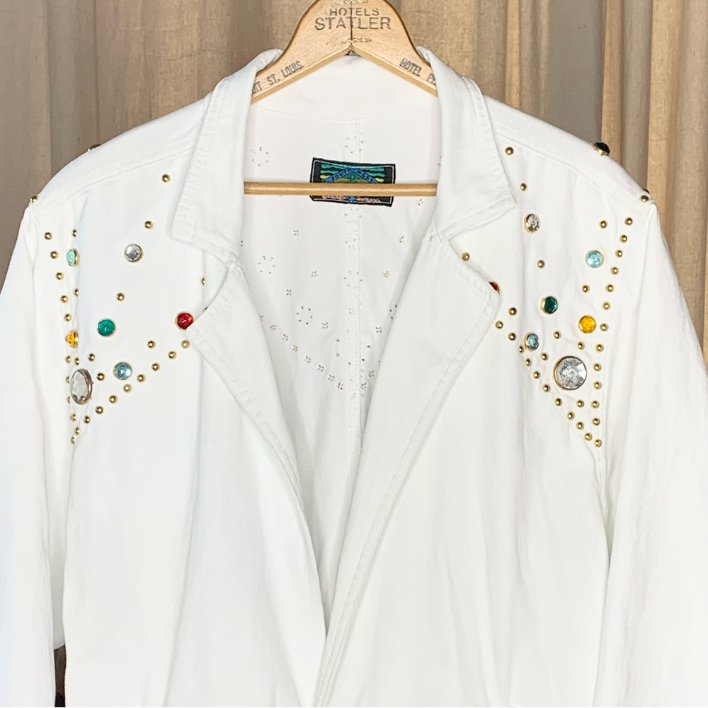 80s Bedazzled White Denim Duster - Picture 3 of 10